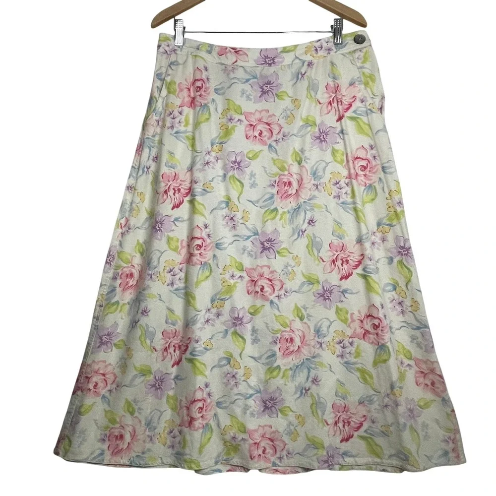 Liz Claiborne Lizwear 16P Floral Linen Blend A-Line Midi Skirt 90s‎ Y2K Pockets